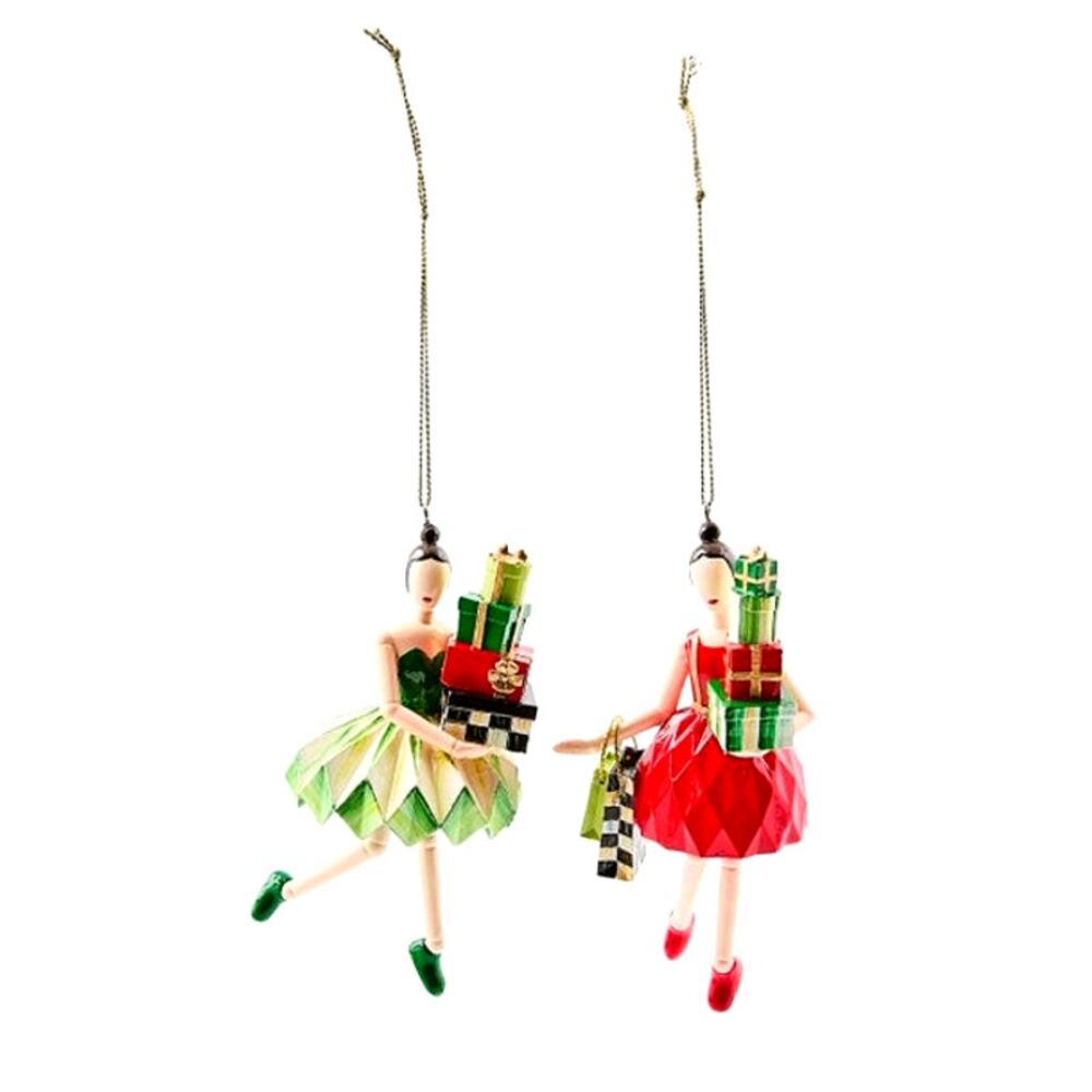 Mackenzie Childs Check It Out Shopper Lady Ornaments, Set of 2